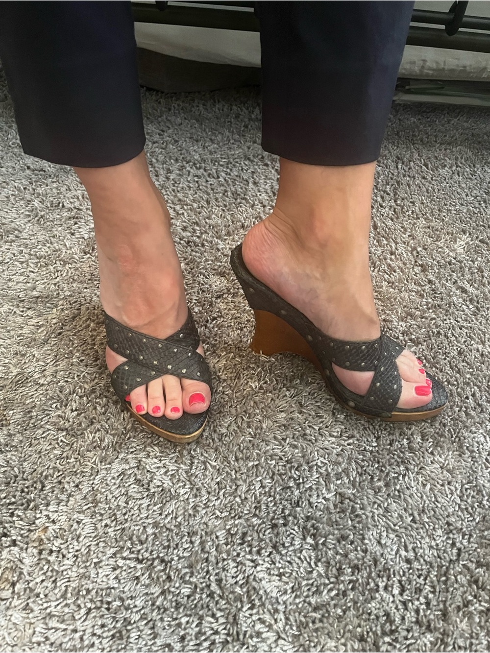 Black Studded Wedge Sandals with Wood Bottom Platforms